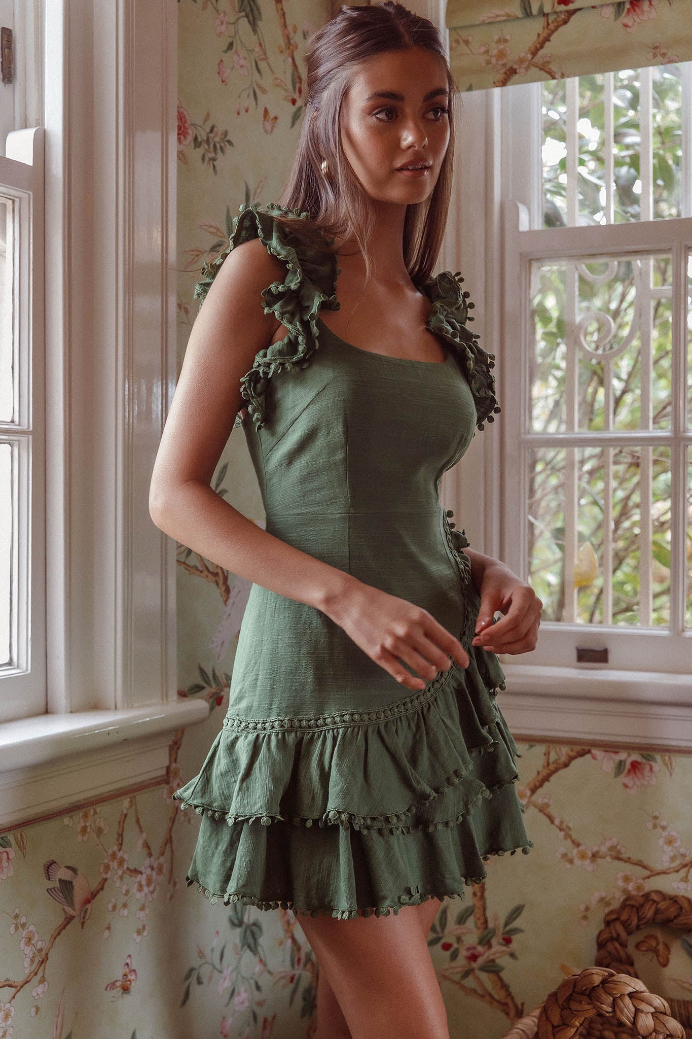 Annie Ruffle Shoulder Strap Layered Hem Mini Dress Green by Selfie Leslie Australia