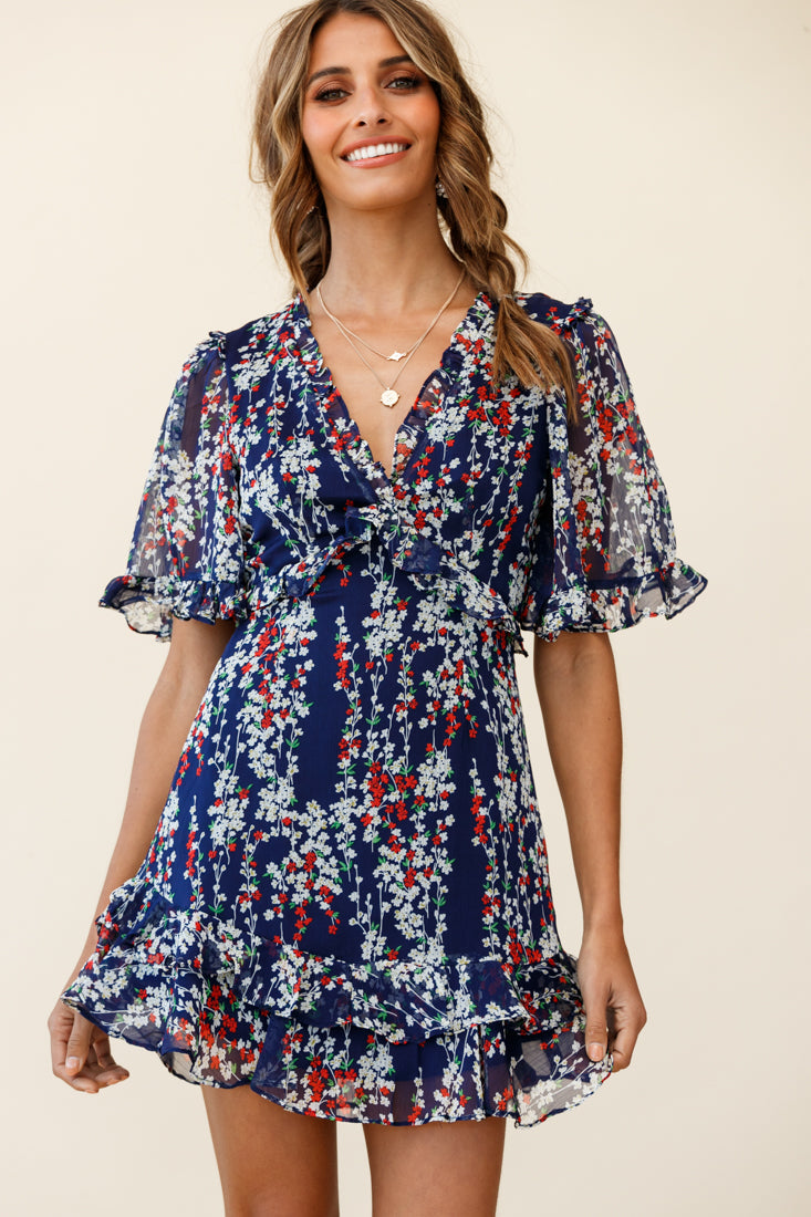 Sincerely V-Neck Double Frill Hem Tea Dress Floral Print Navy by Selfie Leslie