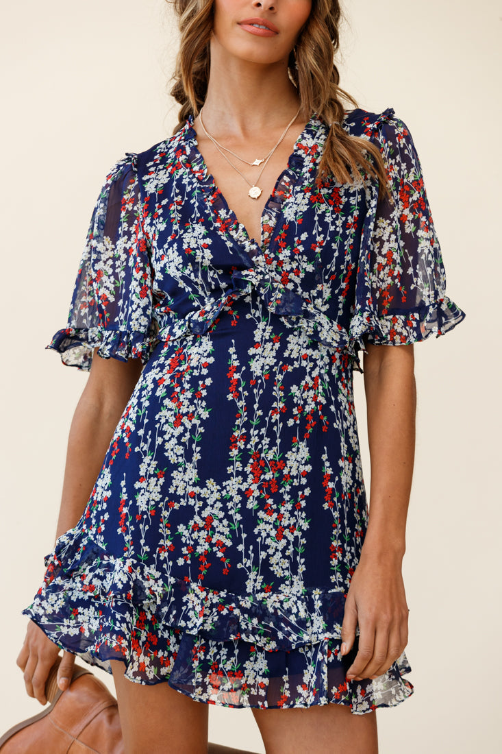 Sincerely V-Neck Double Frill Hem Tea Dress Floral Print Navy by Selfie Leslie