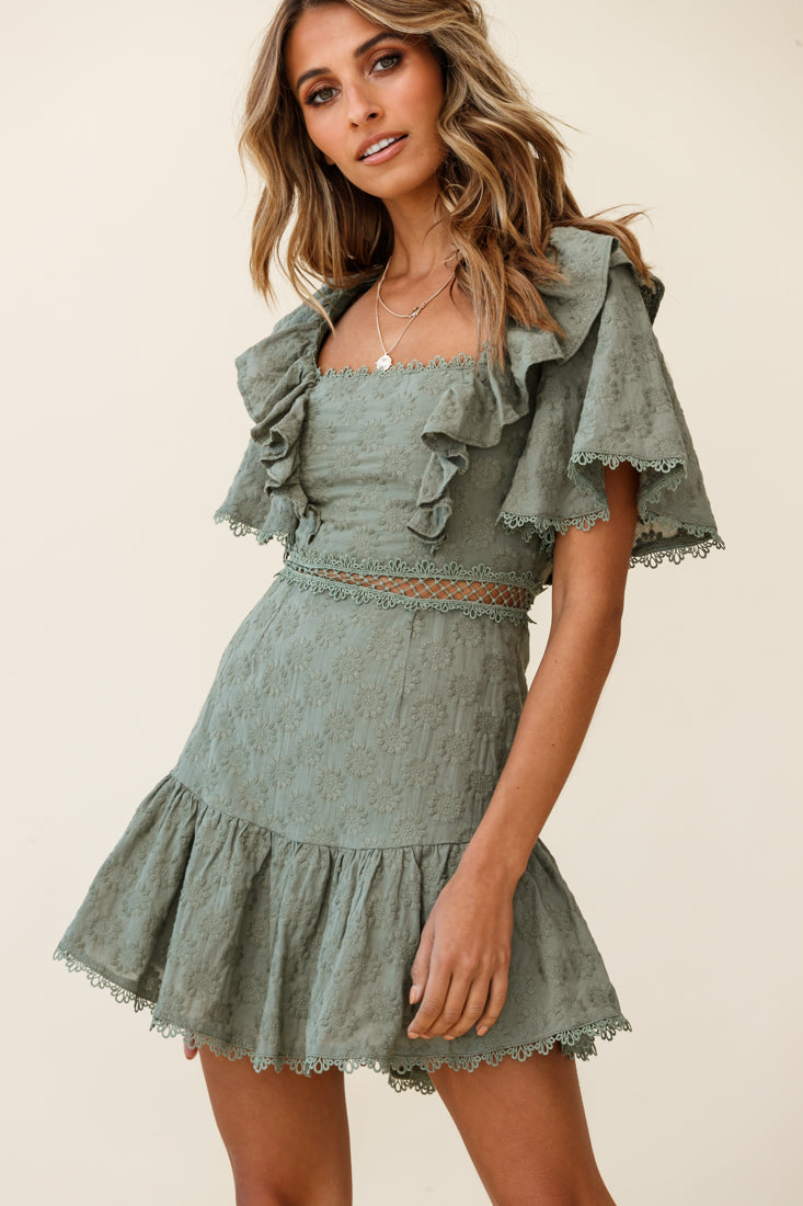 How Romantic Flounce Sleeve Lace-Up Back Dress Floral Embossed Olive by Selfie Leslie