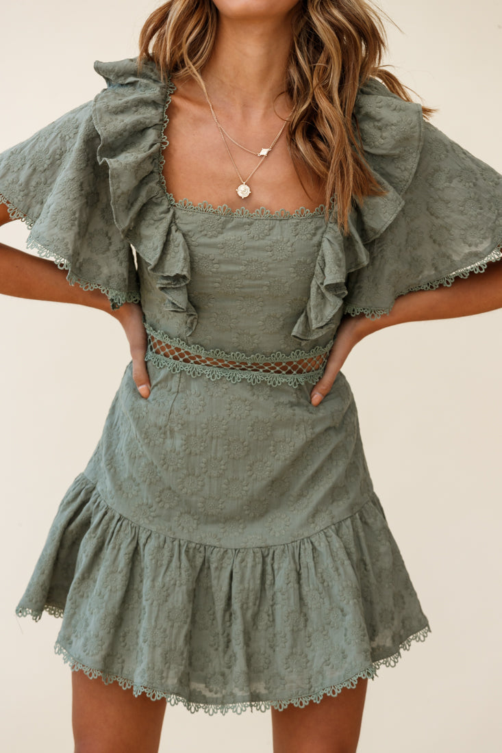 How Romantic Flounce Sleeve Lace-Up Back Dress Floral Embossed Olive by Selfie Leslie