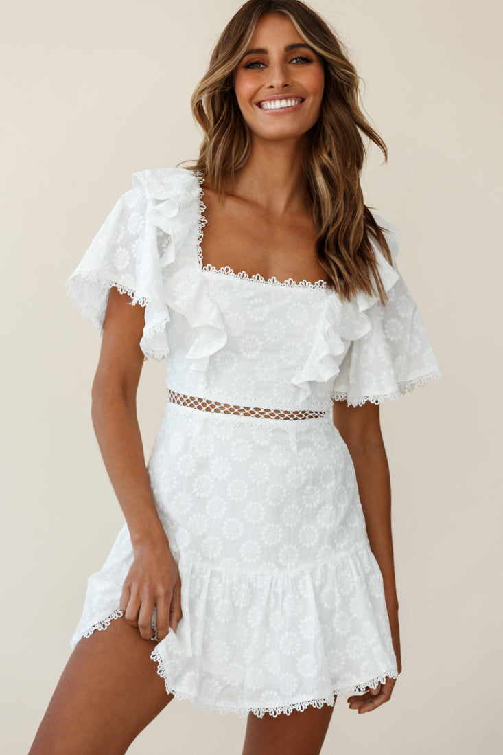 How Romantic Flounce Sleeve Lace-Up Back Dress Floral Embossed White by Selfie Leslie