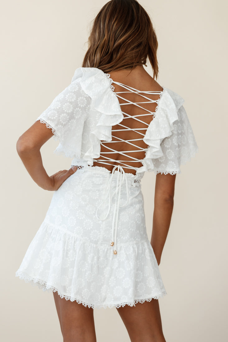 How Romantic Flounce Sleeve Lace-Up Back Dress Floral Embossed White by Selfie Leslie