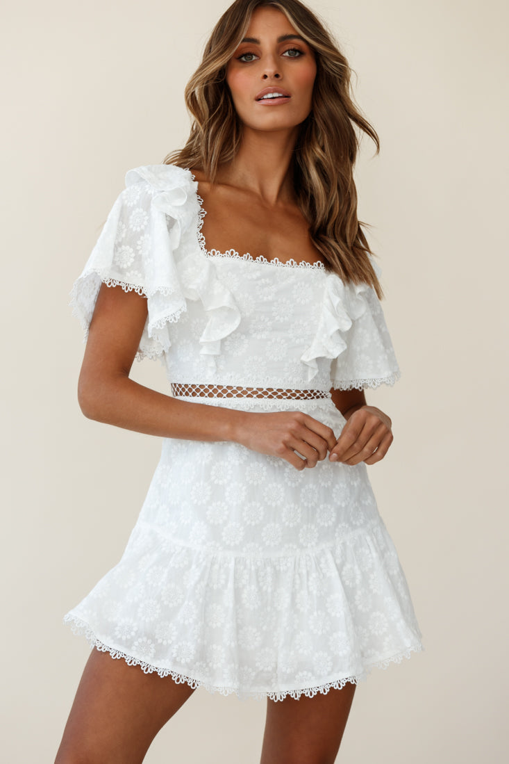 How Romantic Flounce Sleeve Lace-Up Back Dress Floral Embossed White by Selfie Leslie