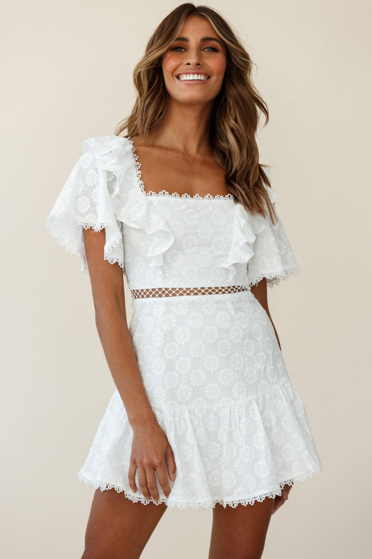 How Romantic Flounce Sleeve Lace-Up Back Dress Floral Embossed White by Selfie Leslie