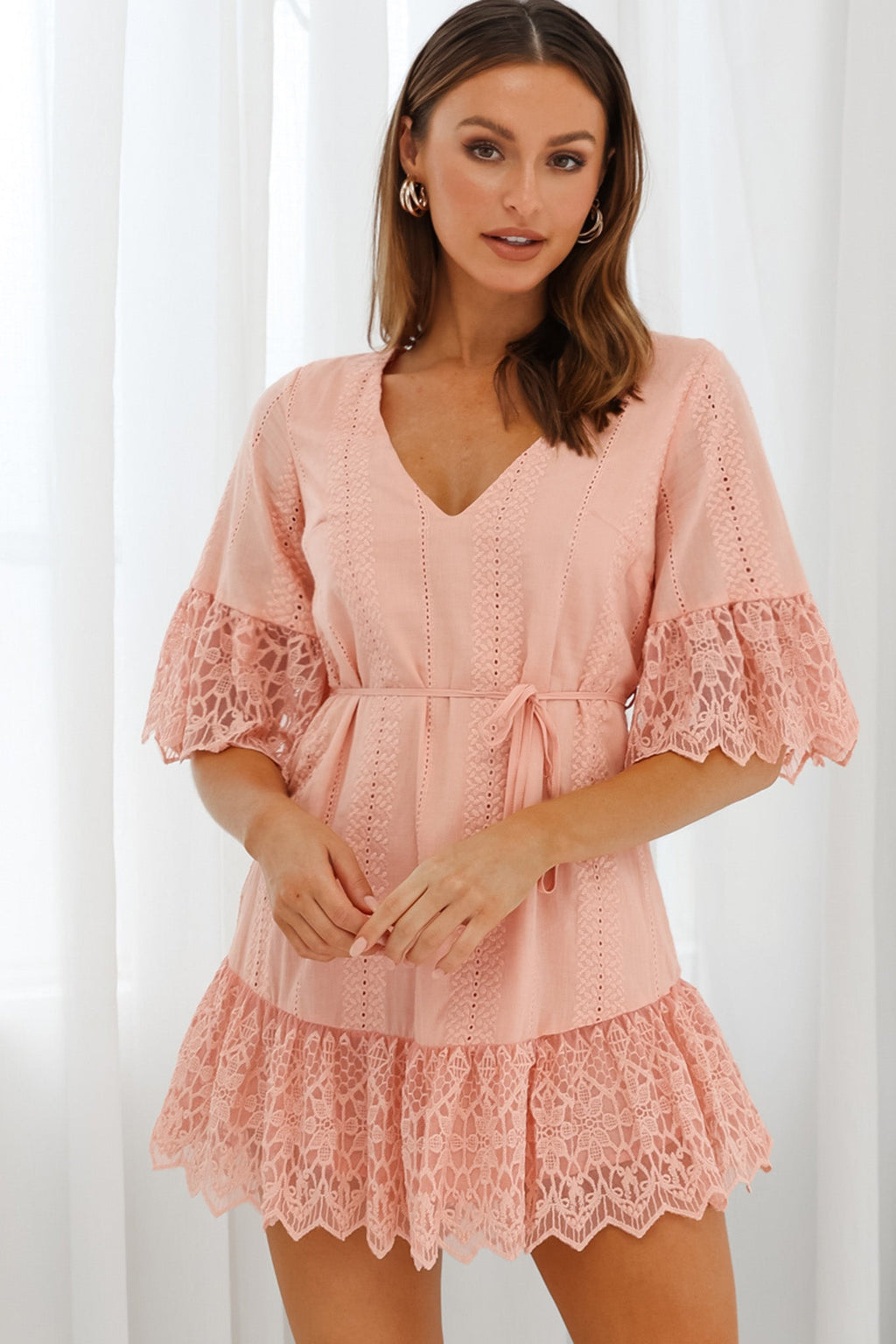 Karissa Lace Trim Waist Tie Tunic Dress Blush by Selfie Leslie