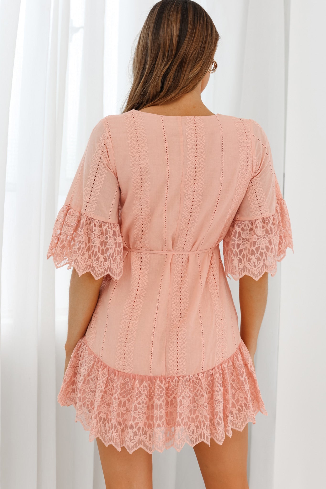 Karissa Lace Trim Waist Tie Tunic Dress Blush by Selfie Leslie