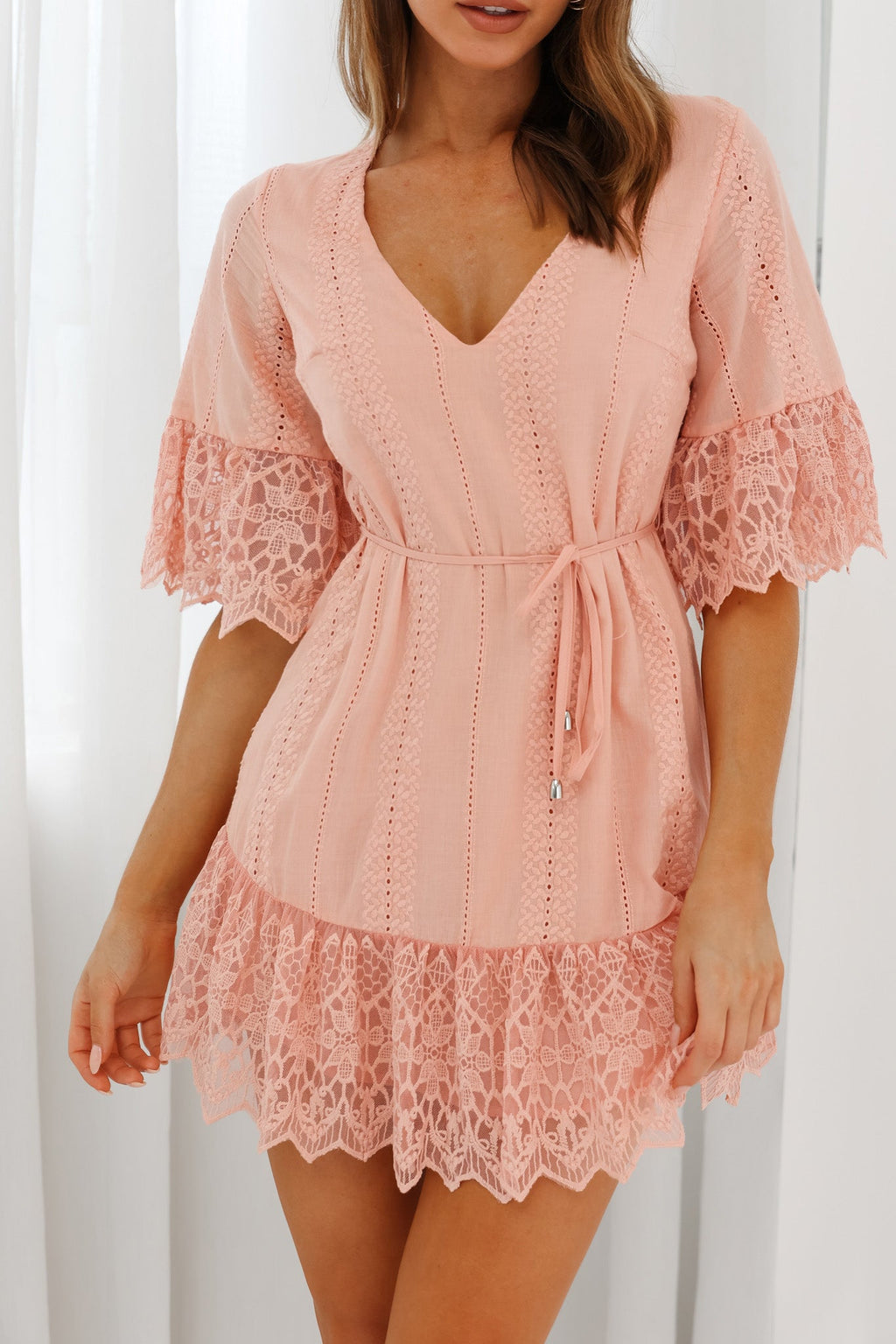 Karissa Lace Trim Waist Tie Tunic Dress Blush by Selfie Leslie