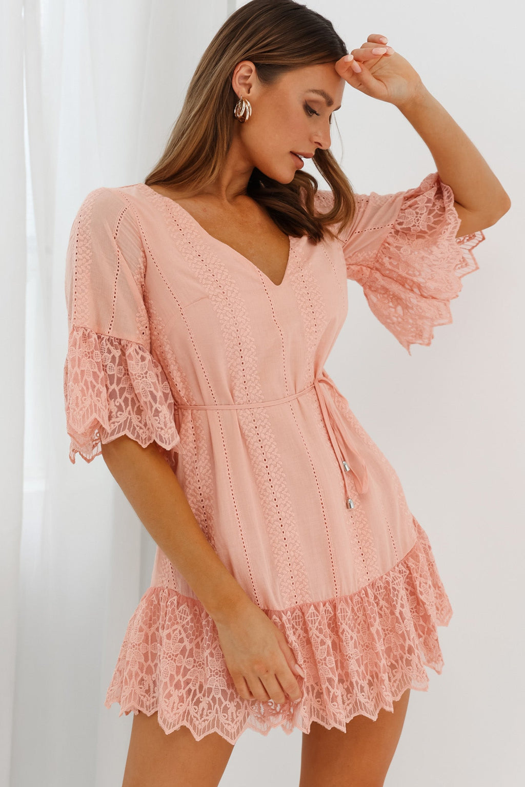 Karissa Lace Trim Waist Tie Tunic Dress Blush by Selfie Leslie