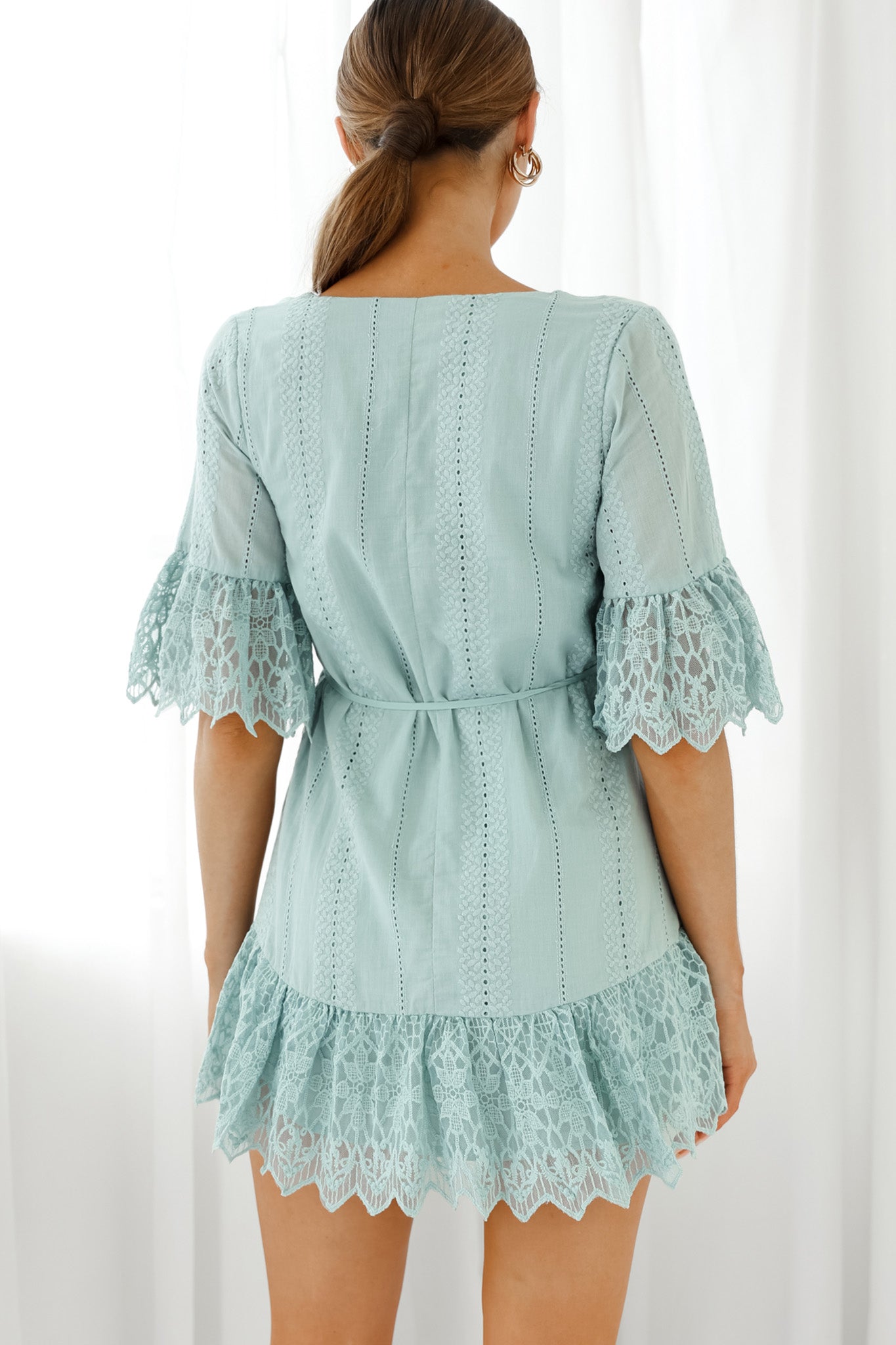 Karissa Lace Trim Waist Tie Tunic Dress Sage by Selfie Leslie