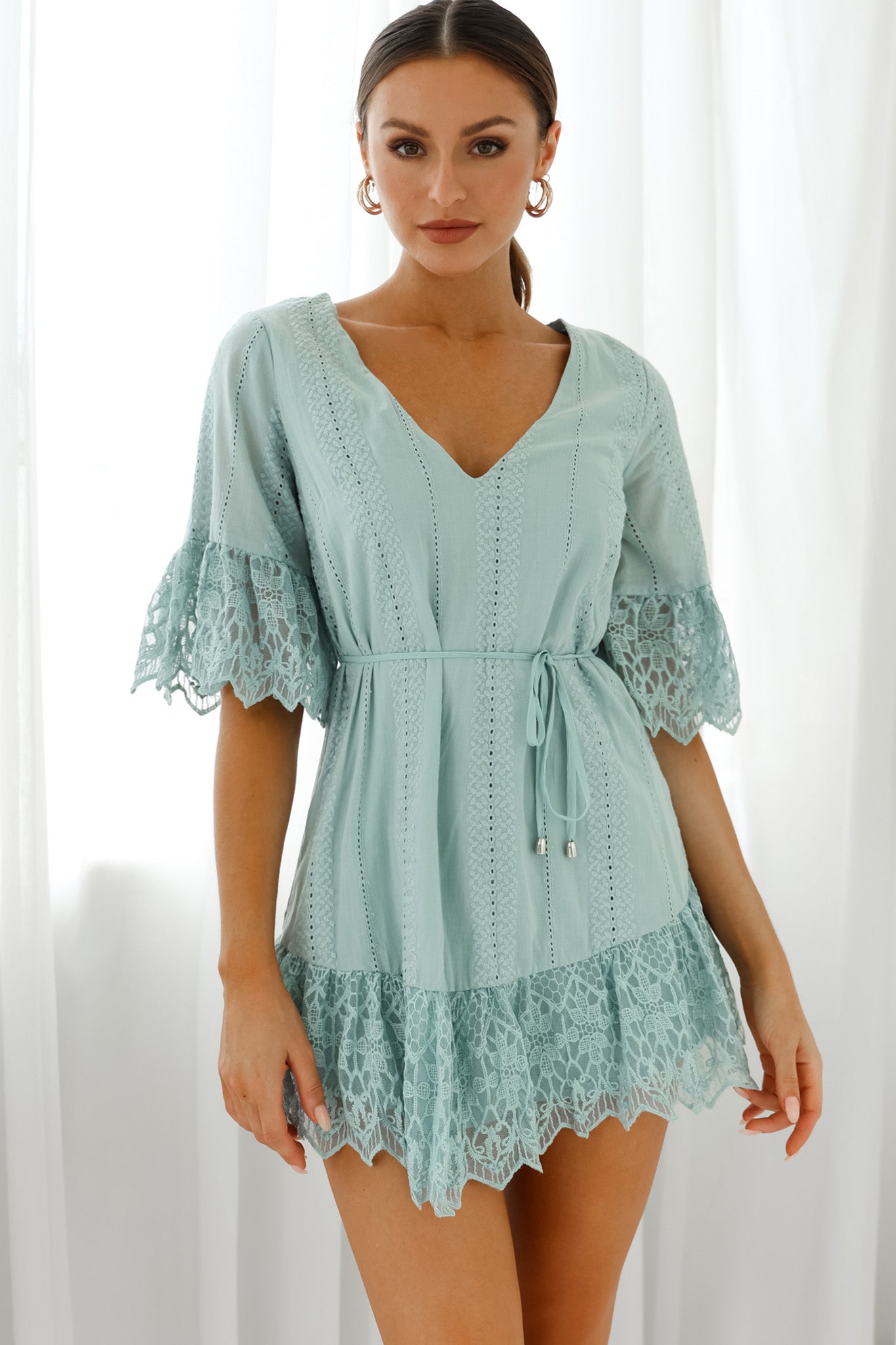 Karissa Lace Trim Waist Tie Tunic Dress Sage by Selfie Leslie