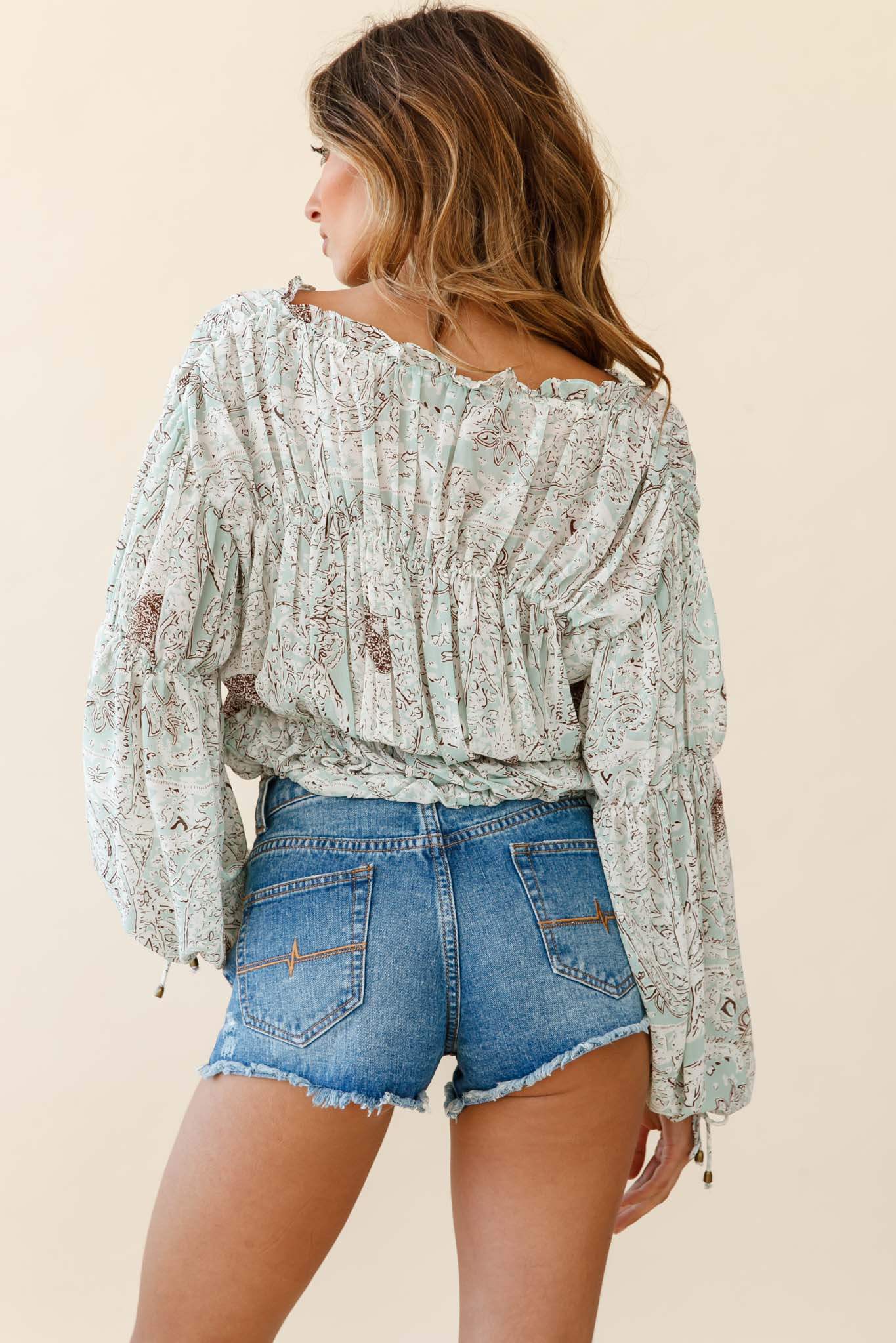 Beau Balloon Sleeve Drawstring Top Ornate Print Green by Selfie Leslie