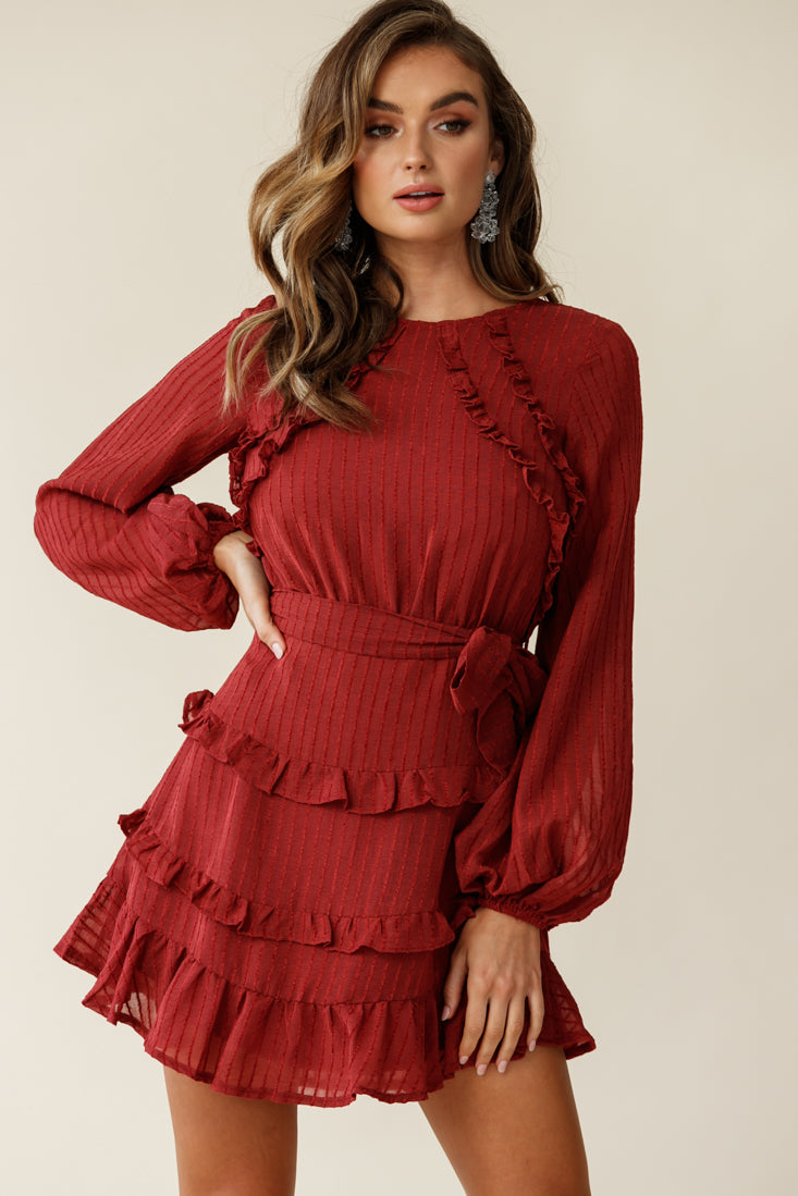 Dusk Long Sleeve Waist Tie Frill Dress Thin Stripe Wine by Selfie Leslie