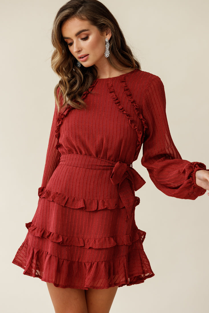 Dusk Long Sleeve Waist Tie Frill Dress Thin Stripe Wine by Selfie Leslie