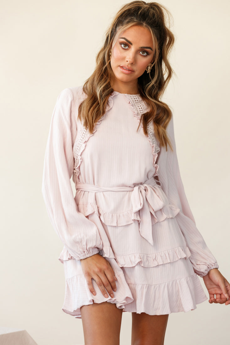 Dusk Long Sleeve Waist Tie Frill Dress Blush by Selfie Leslie