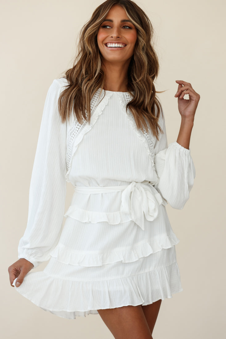 Dusk Long Sleeve Waist Tie Frill Dress White by Selfie Leslie