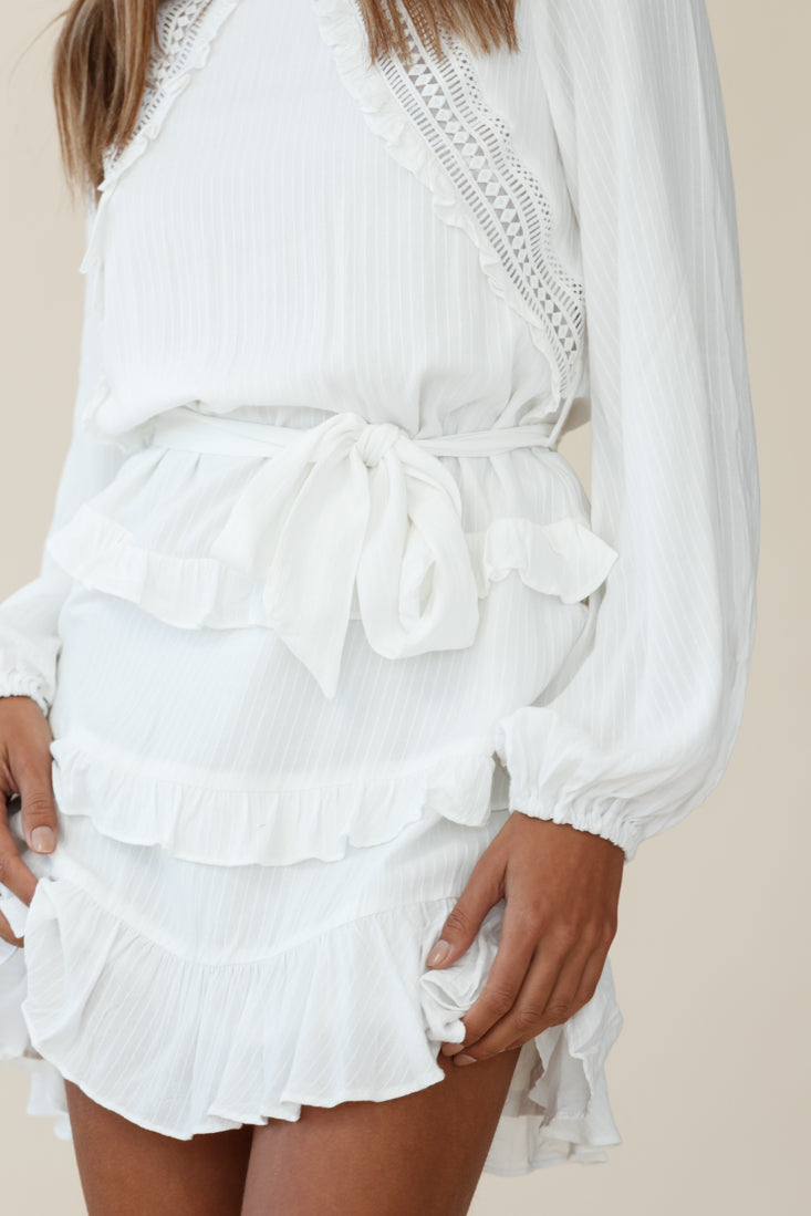 Dusk Long Sleeve Waist Tie Frill Dress White by Selfie Leslie