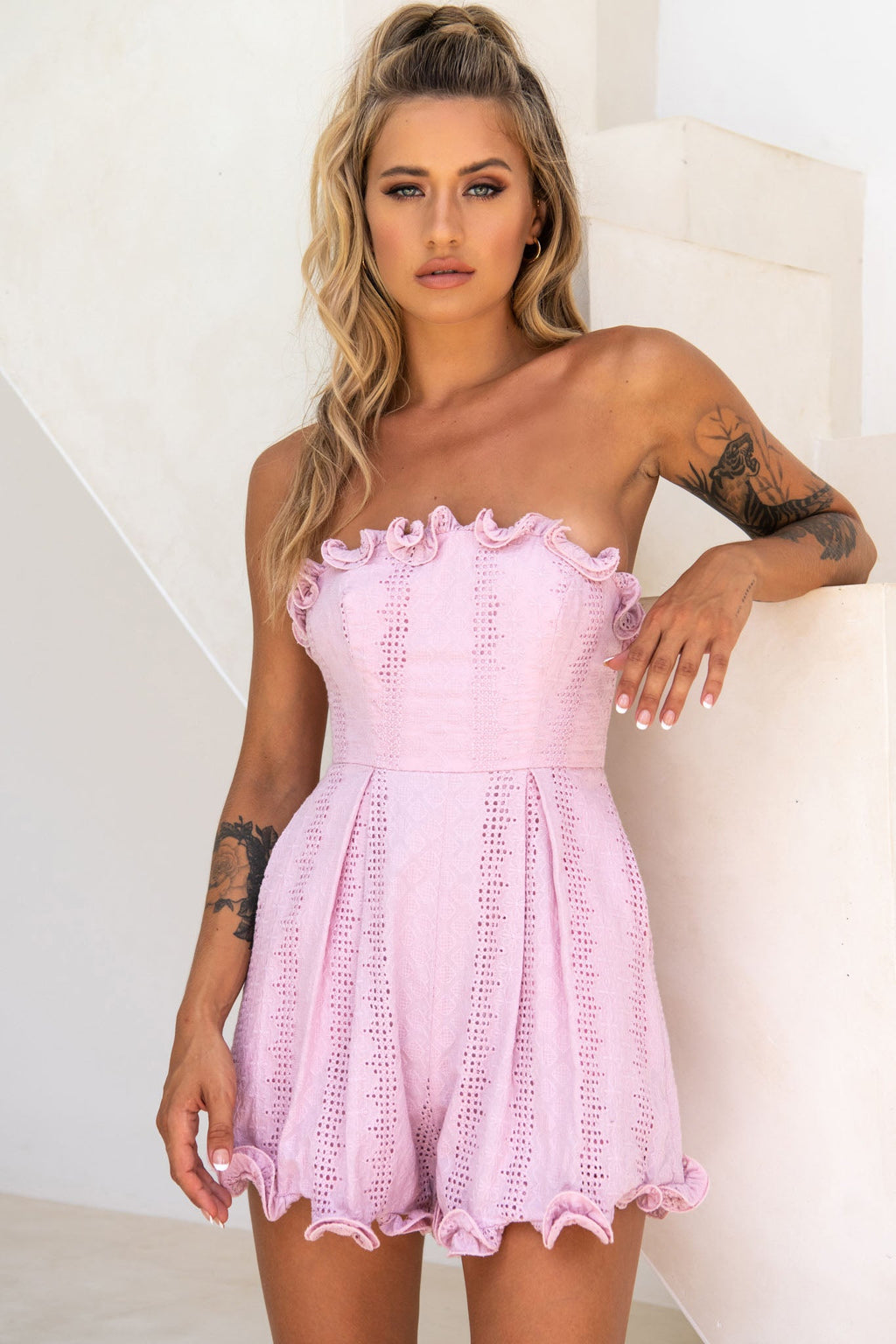 Paris In Spring Bandeau Frill Trim Romper Blush by Selfie Leslie