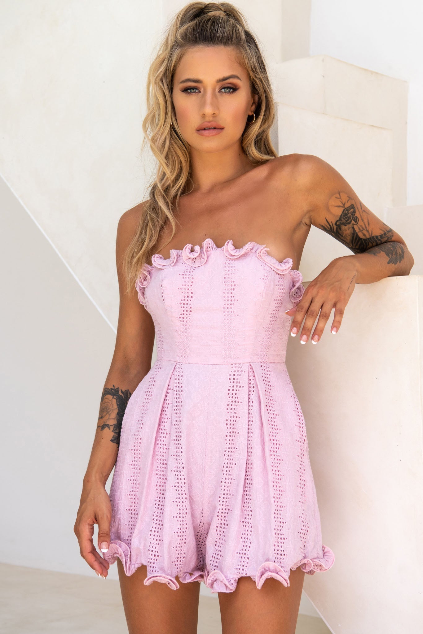 Paris In Spring Bandeau Frill Trim Romper Blush by Selfie Leslie
