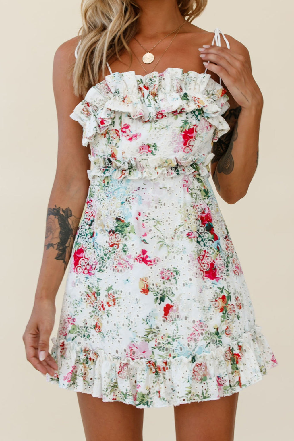Frill Seeker Eyelet Embroidery Tied Back Dress Floral Print Multi by Selfie Leslie