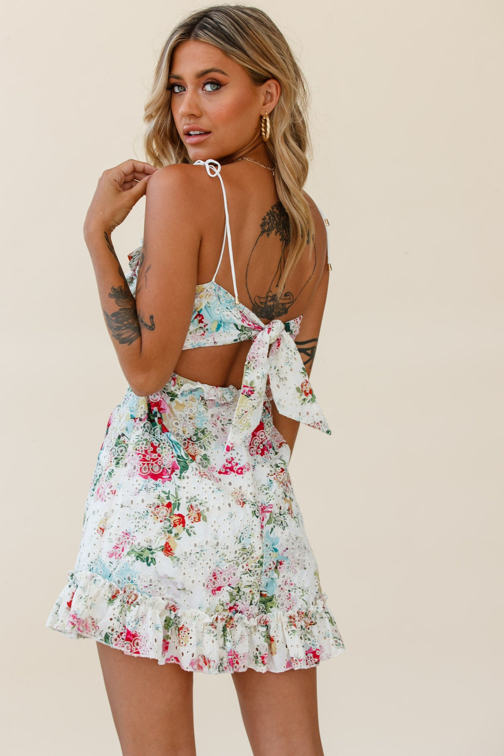 Frill Seeker Eyelet Embroidery Tied Back Dress Floral Print Multi by Selfie Leslie
