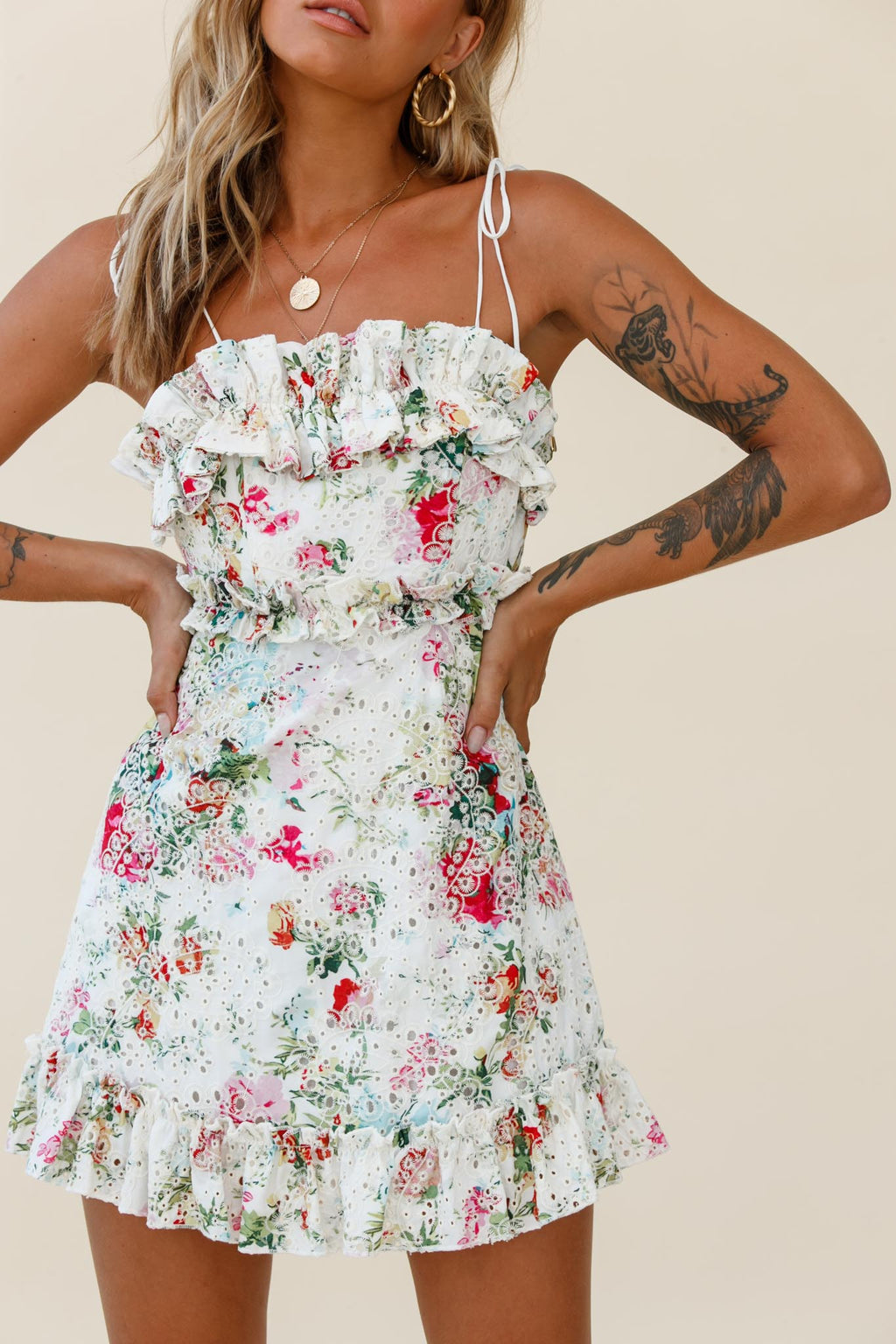 Frill Seeker Eyelet Embroidery Tied Back Dress Floral Print Multi by Selfie Leslie