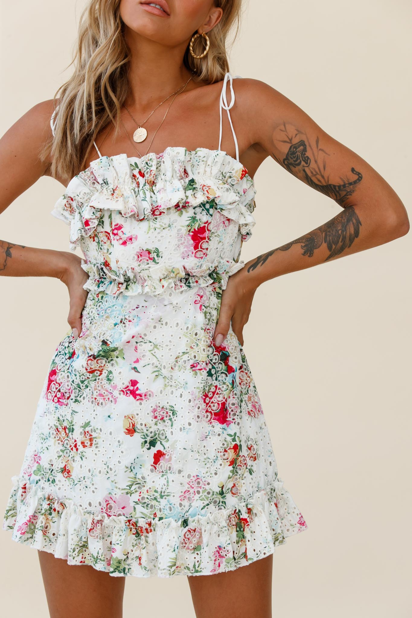 Frill Seeker Eyelet Embroidery Tied Back Dress Floral Print Multi by Selfie Leslie