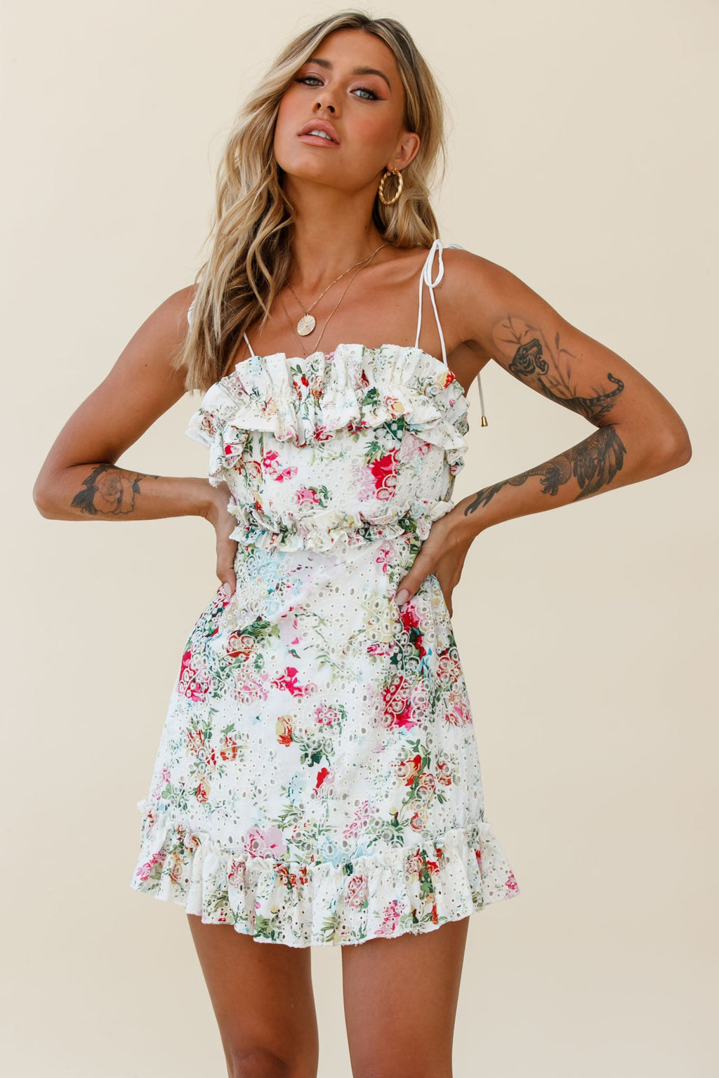Frill Seeker Eyelet Embroidery Tied Back Dress Floral Print Multi by Selfie Leslie