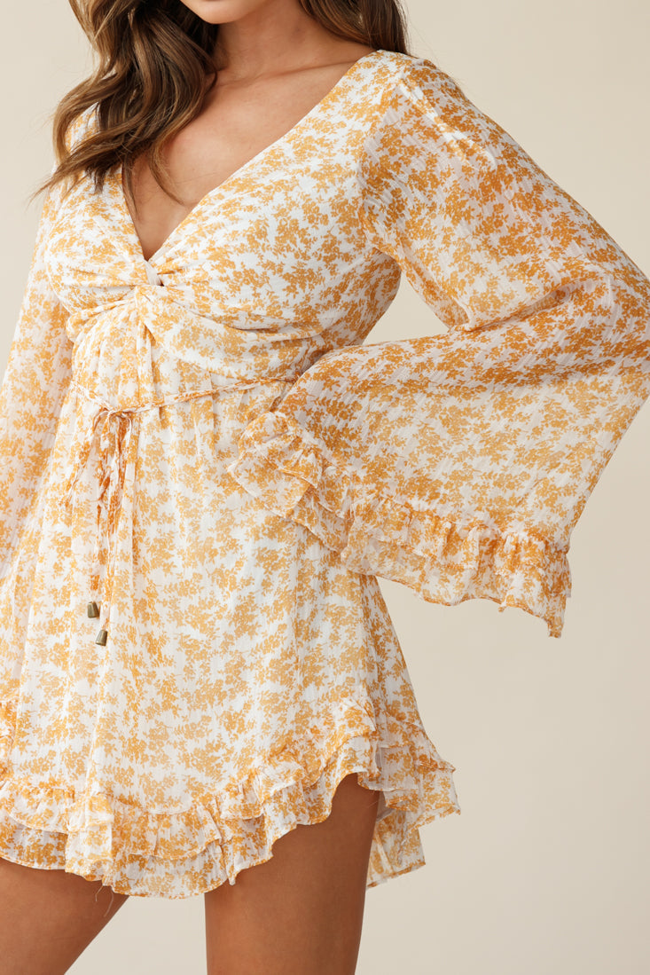 Perri Bell Sleeve Twist Knot Bust Dress Floral Print Yellow by Selfie Leslie