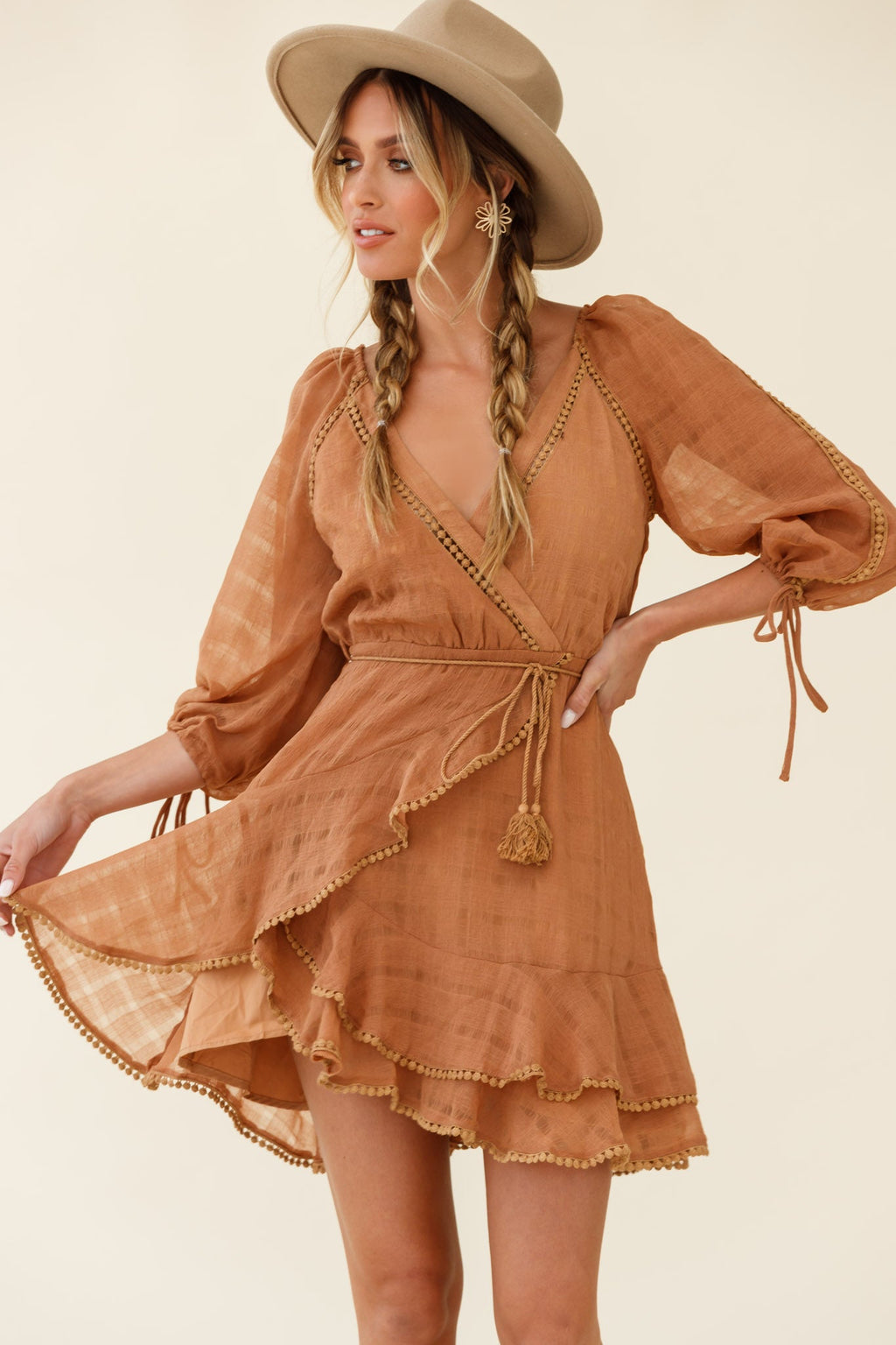 Wilde Balloon Sleeve Crochet Trim Dress Tan by Selfie Leslie