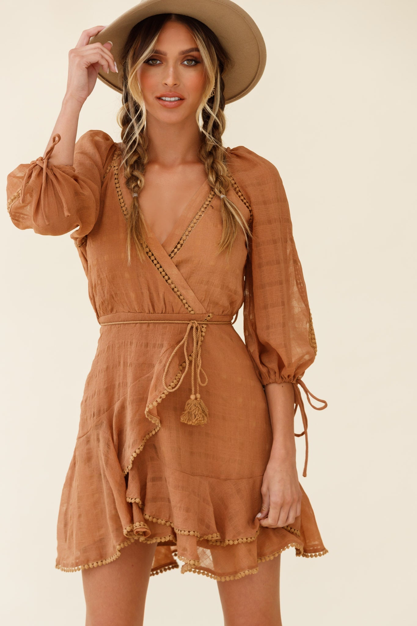 Wilde Balloon Sleeve Crochet Trim Dress Tan by Selfie Leslie