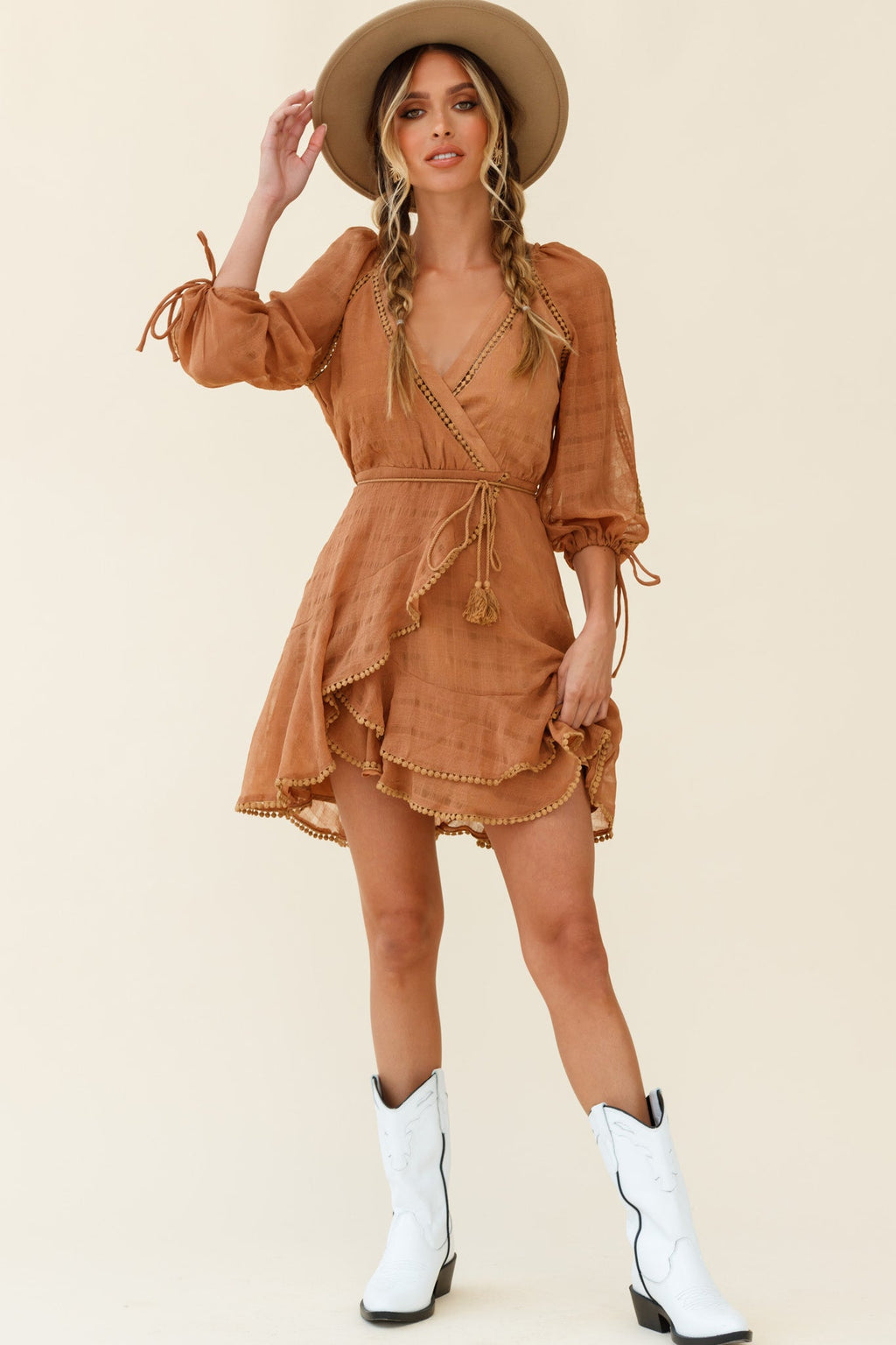 Wilde Balloon Sleeve Crochet Trim Dress Tan by Selfie Leslie