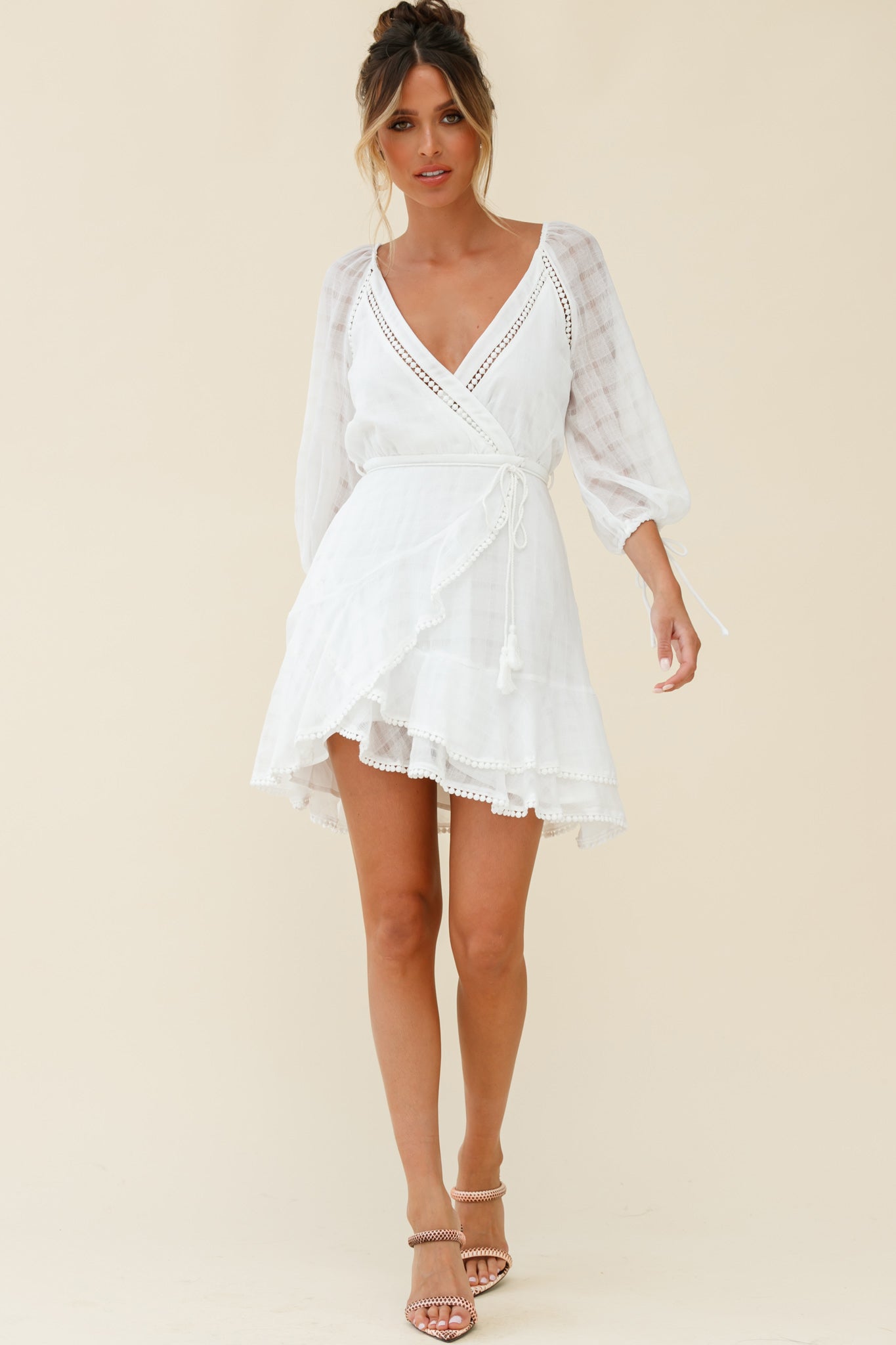 Wilde Balloon Sleeve Crochet Trim Dress White by Selfie Leslie