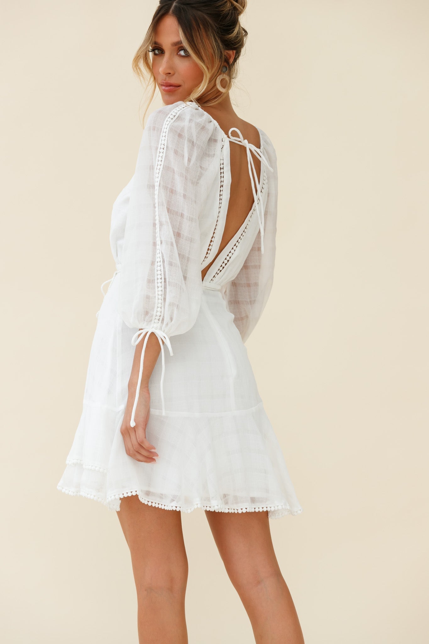 Wilde Balloon Sleeve Crochet Trim Dress White by Selfie Leslie