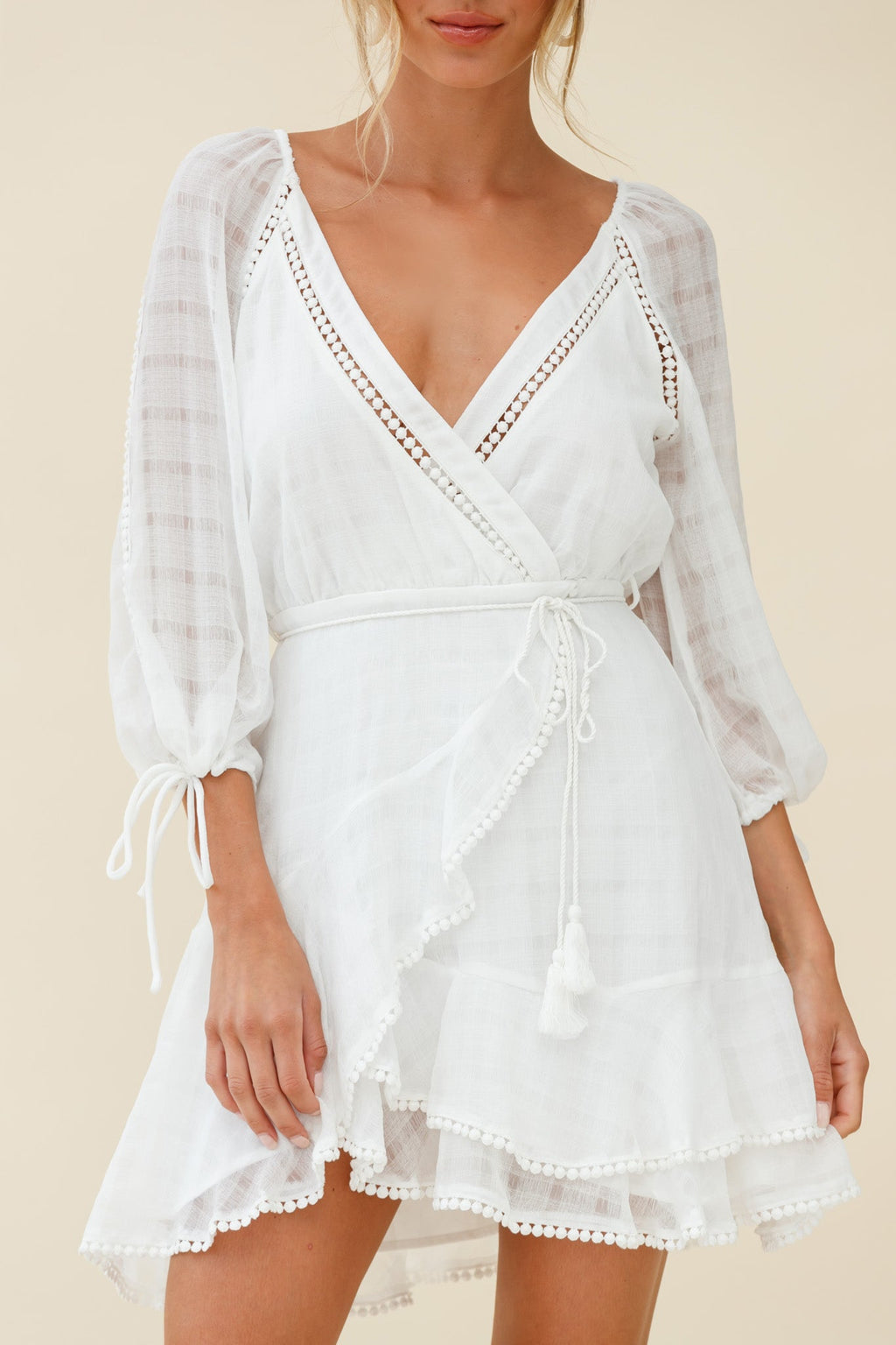 Wilde Balloon Sleeve Crochet Trim Dress White by Selfie Leslie