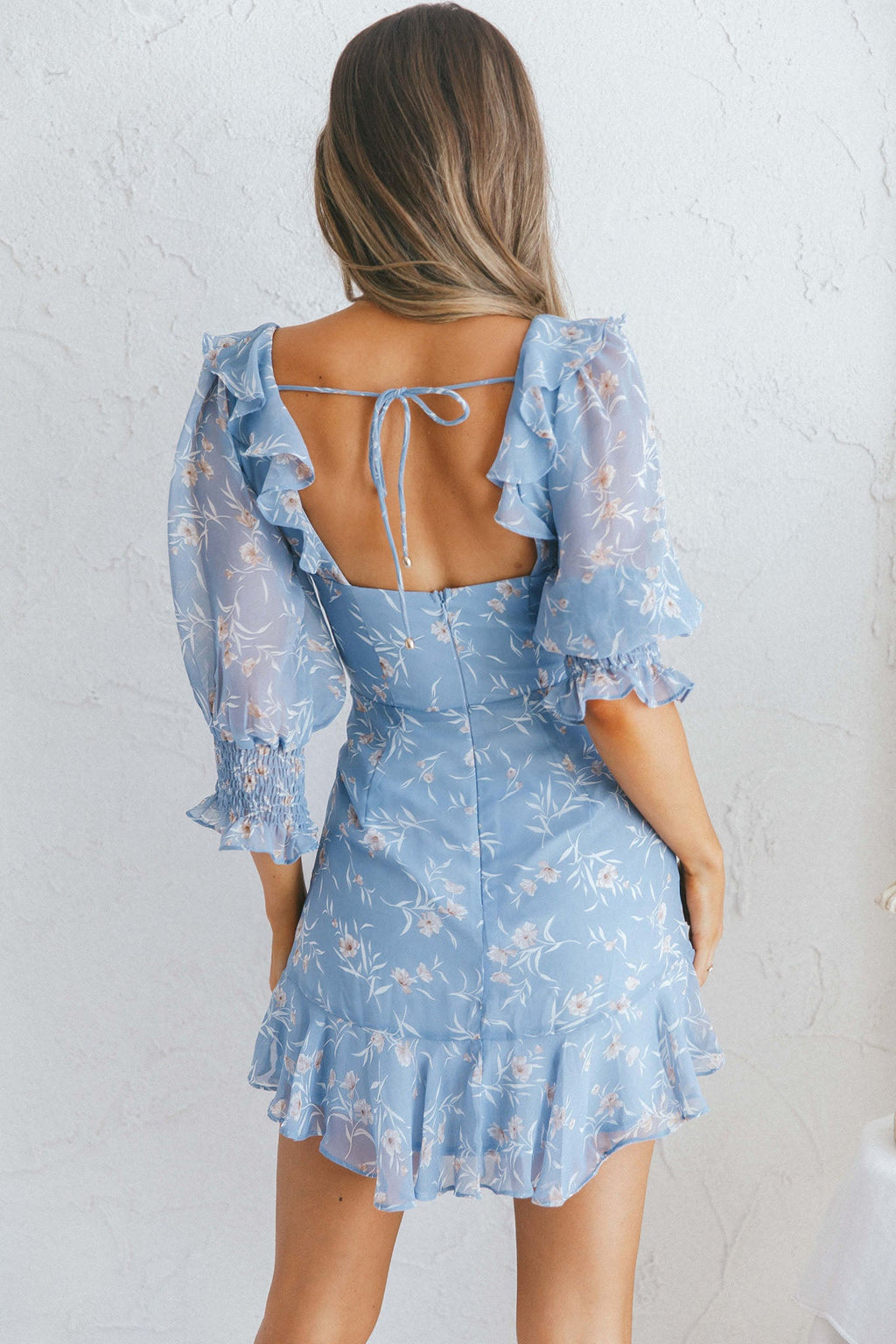 Desiree Sweetheart Neckline Shirred Cuff Frill Dress Floral Print Blue by Selfie Leslie