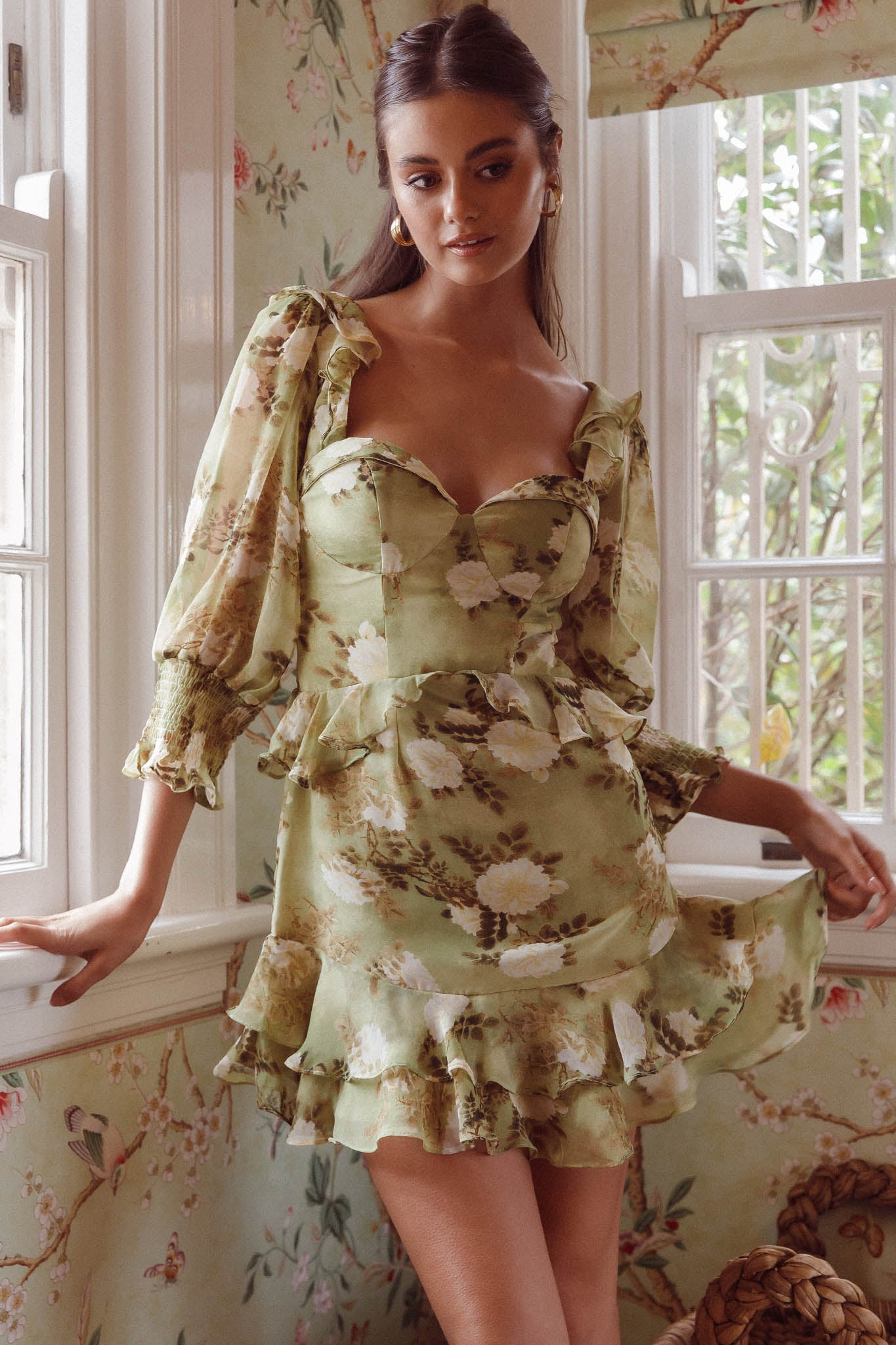 Desiree 3/4 Sleeve Sweetheart Neckline Frill Dress Floral Green by Selfie Leslie Australia