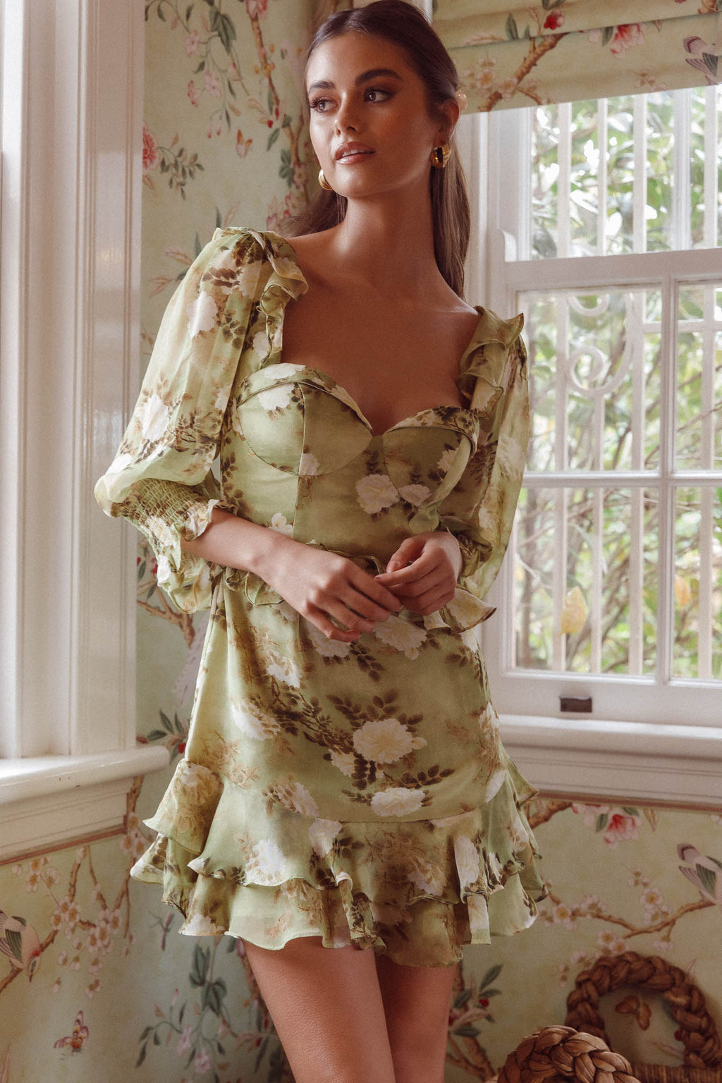 Desiree 3/4 Sleeve Sweetheart Neckline Frill Dress Floral Green by Selfie Leslie Australia