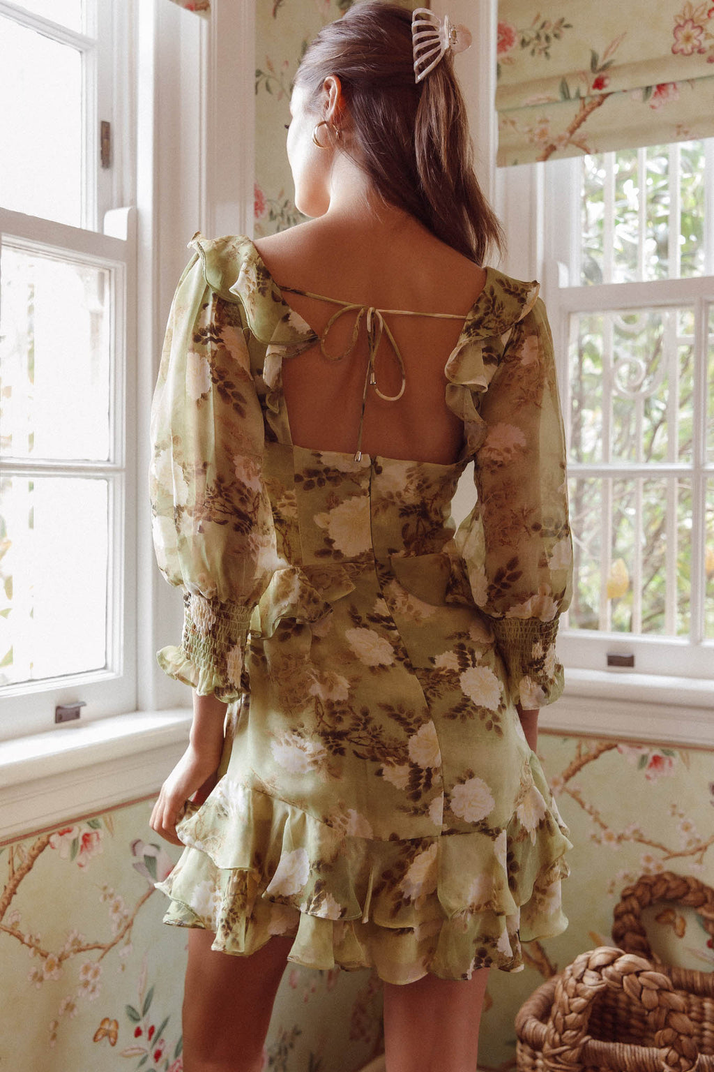 Desiree 3/4 Sleeve Sweetheart Neckline Frill Dress Floral Green by Selfie Leslie Australia