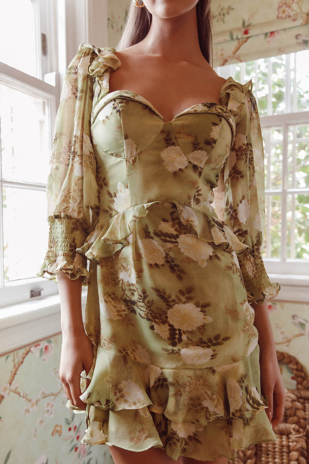 Desiree 3/4 Sleeve Sweetheart Neckline Frill Dress Floral Green by Selfie Leslie Australia