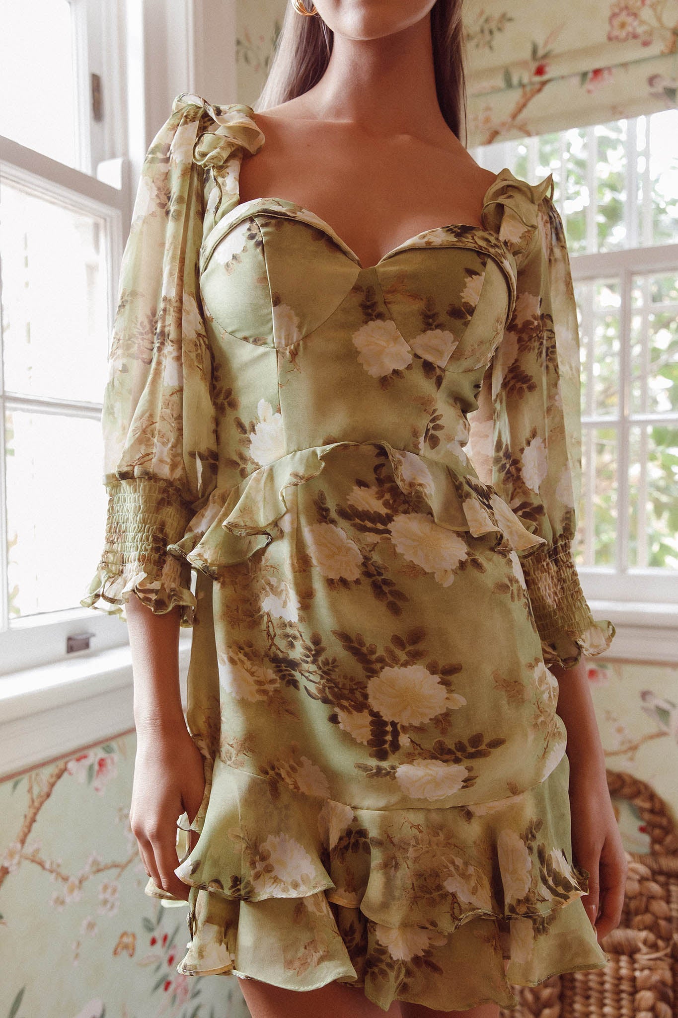 Desiree 3/4 Sleeve Sweetheart Neckline Frill Dress Floral Green by Selfie Leslie Australia
