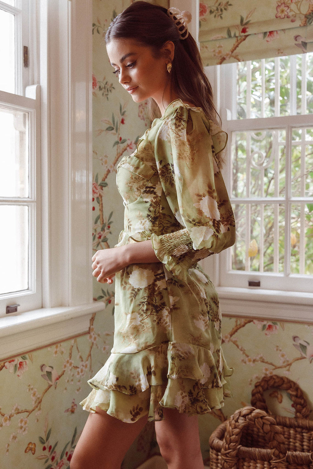 Desiree 3/4 Sleeve Sweetheart Neckline Frill Dress Floral Green by Selfie Leslie Australia