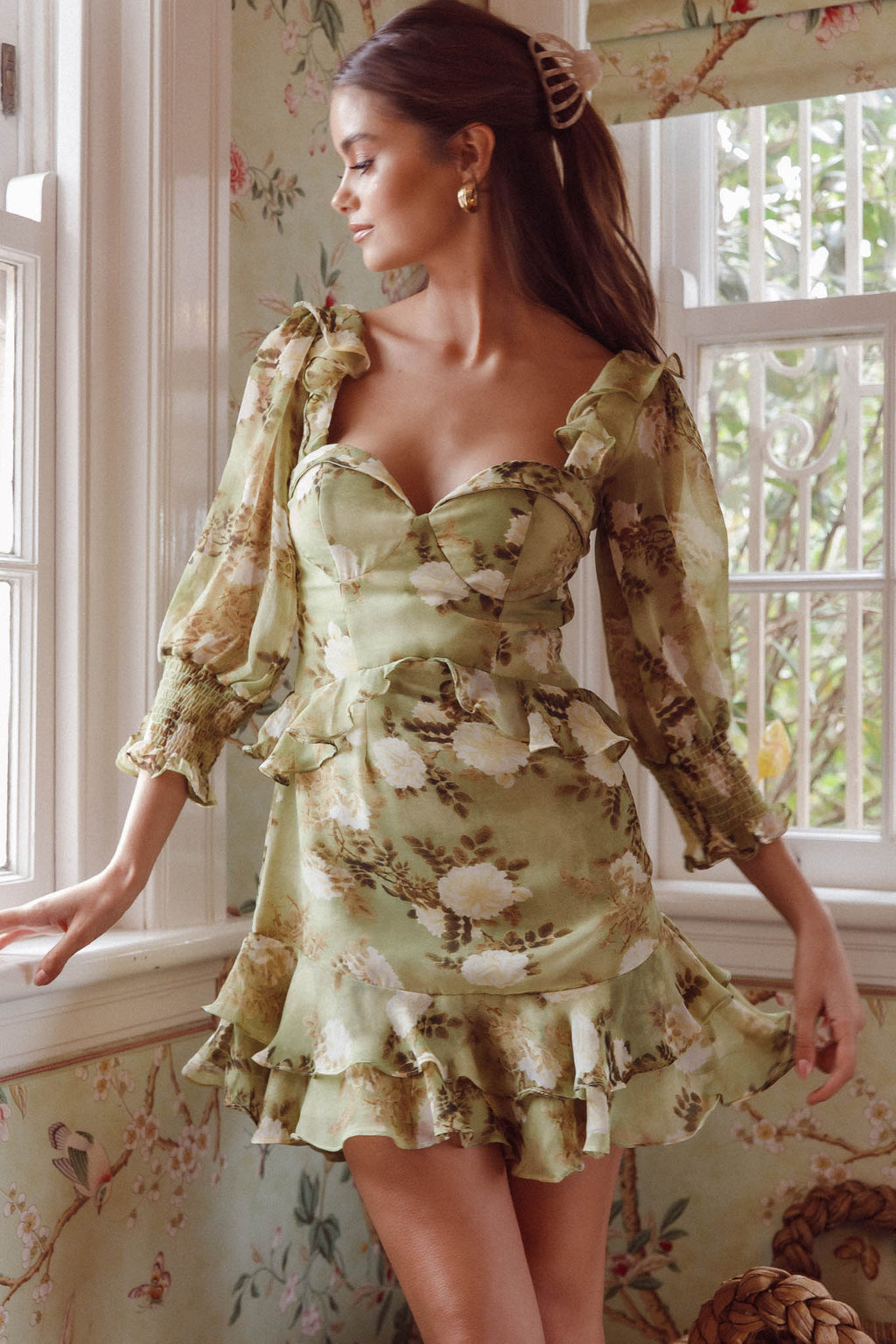 Desiree 3/4 Sleeve Sweetheart Neckline Frill Dress Floral Green by Selfie Leslie Australia