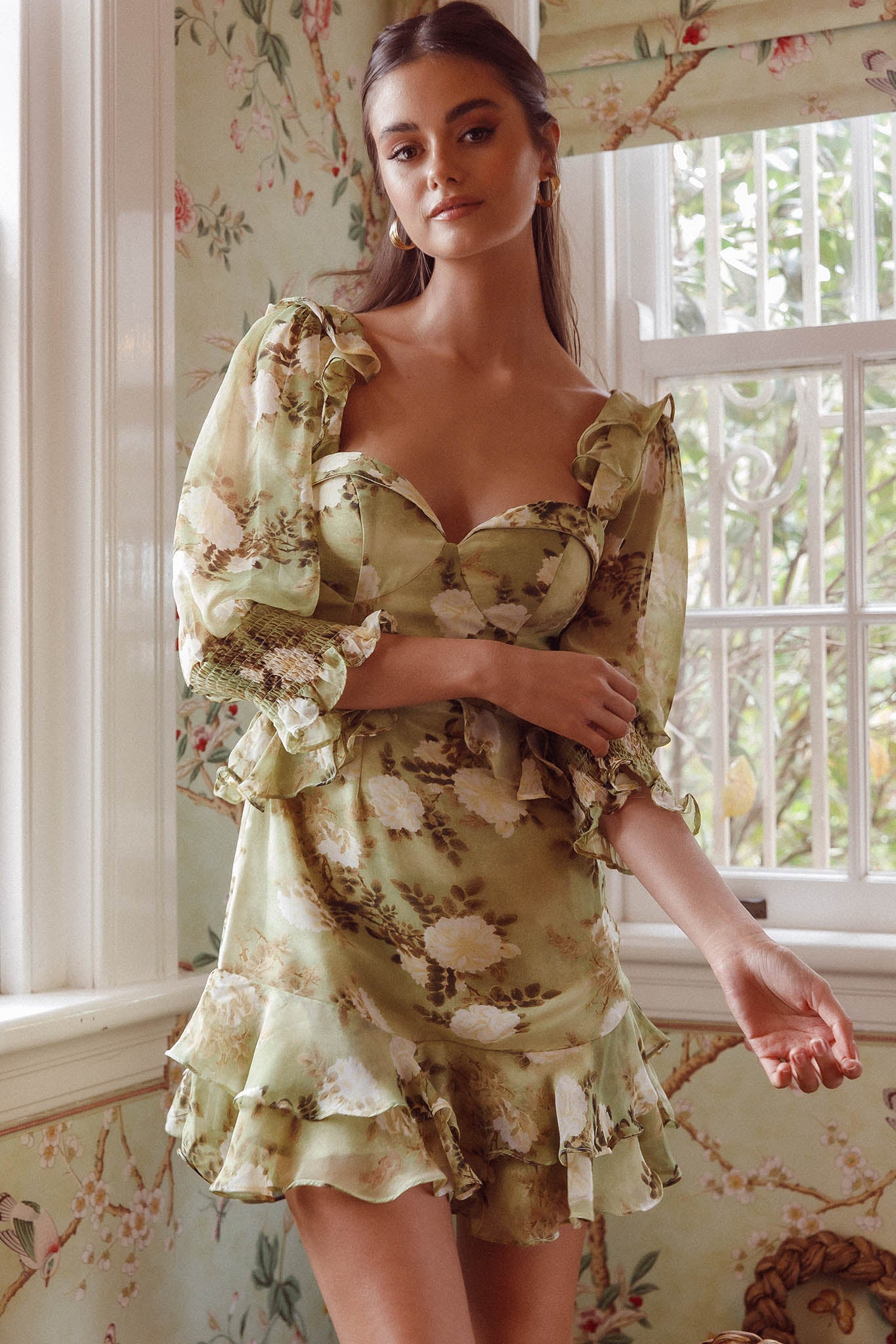 Desiree 3/4 Sleeve Sweetheart Neckline Frill Dress Floral Green by Selfie Leslie Australia