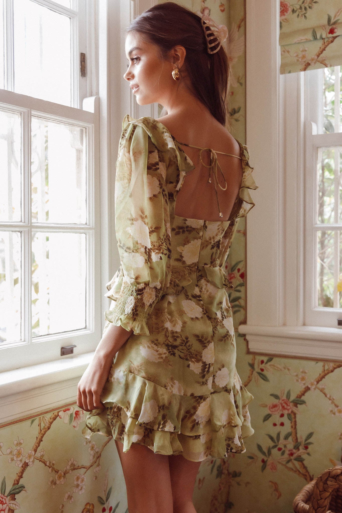 Desiree 3/4 Sleeve Sweetheart Neckline Frill Dress Floral Green by Selfie Leslie Australia