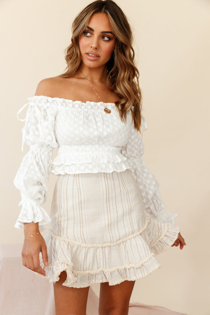 Eve Ruffle Hem Linen Blend Skirt White/Mocha Stripe by Selfie Leslie Australia