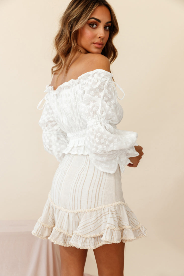 Eve Ruffle Hem Linen Blend Skirt White/Mocha Stripe by Selfie Leslie Australia