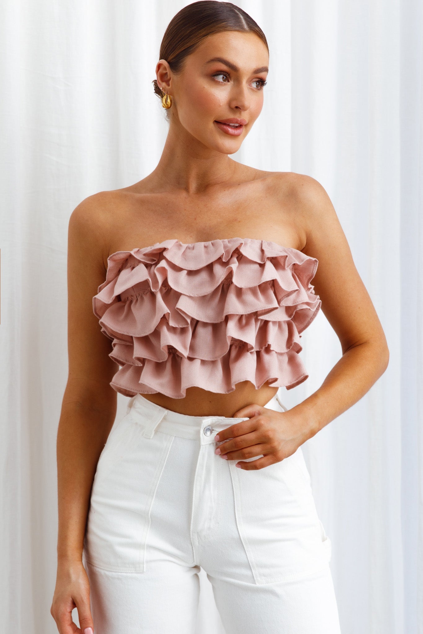 Talulah Layered Ruffle Lace-Up Back Crop Top Blush by Selfie Leslie