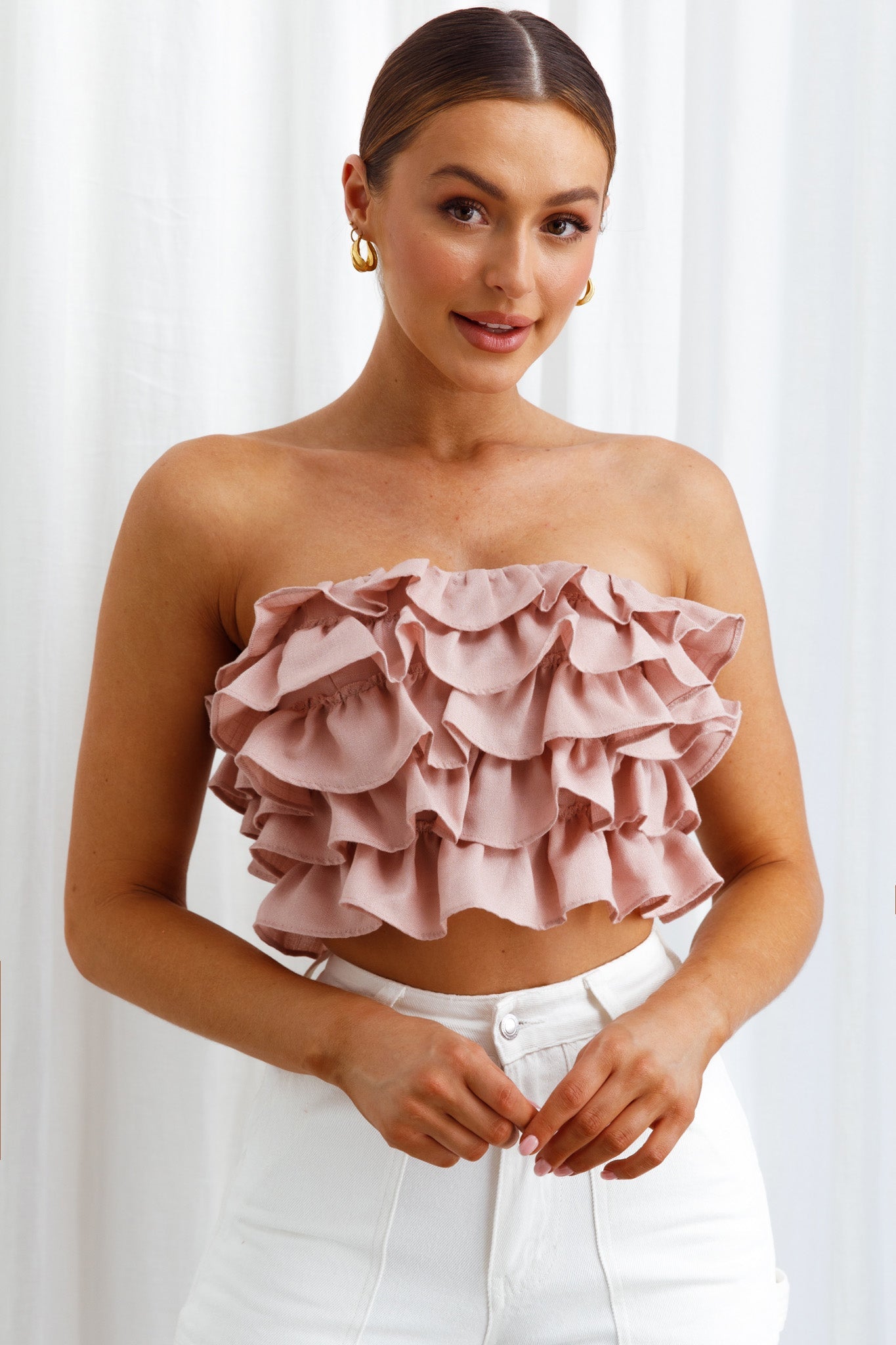Talulah Layered Ruffle Lace-Up Back Crop Top Blush by Selfie Leslie