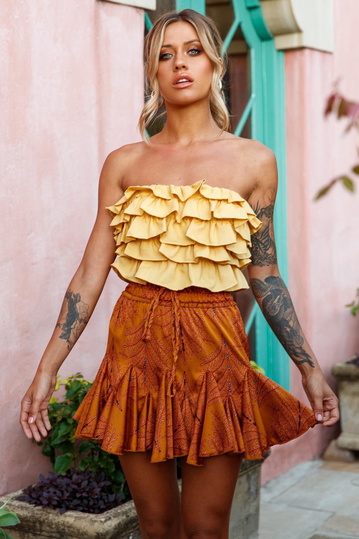Talulah Layered Ruffle Lace-Up Back Crop Top Yellow by Selfie Leslie